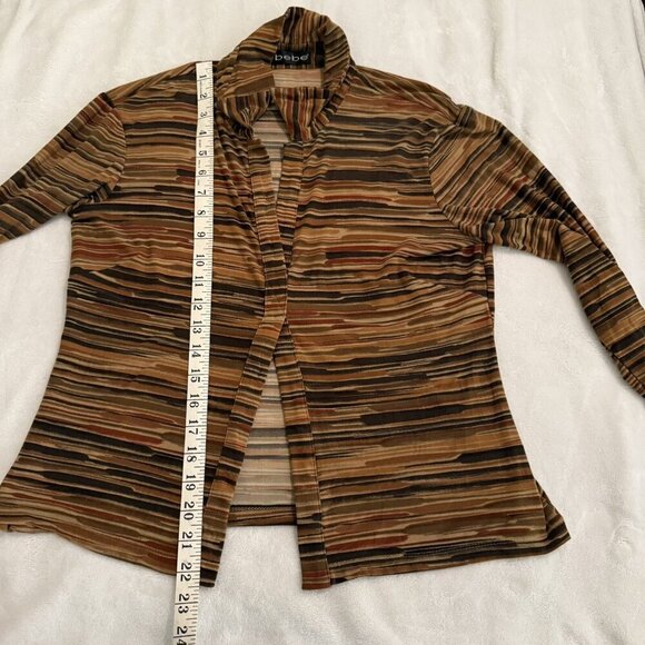 Vintage 90s Y2K Bebe Shirt Size Small Brown Stripes Collar Open Front Long Sleev - Picture 7 of 10